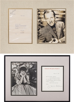 Lot of (2) Bing Crosby & Katharine Hepburn Single Signed Typed Letters With Photos In Framed Displays (Beckett)